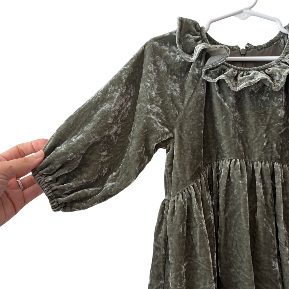 Noralee Girls Sage Green Crushed Velvet Ruffle Collar Dress Size 4 - Picture 2 of 5